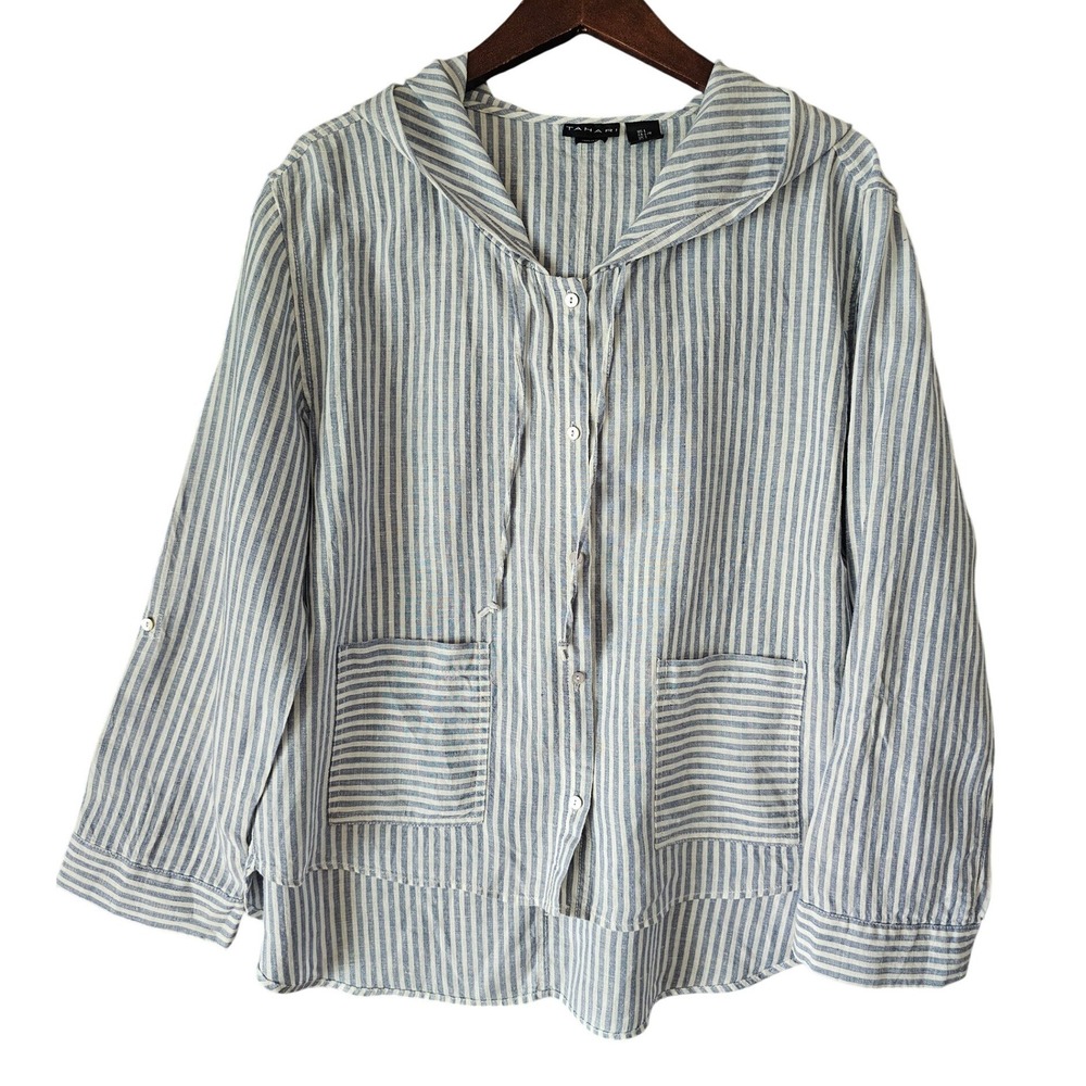Tahari Womens Blue White Striped 100% Linen Hooded Button Down Shirt Large L